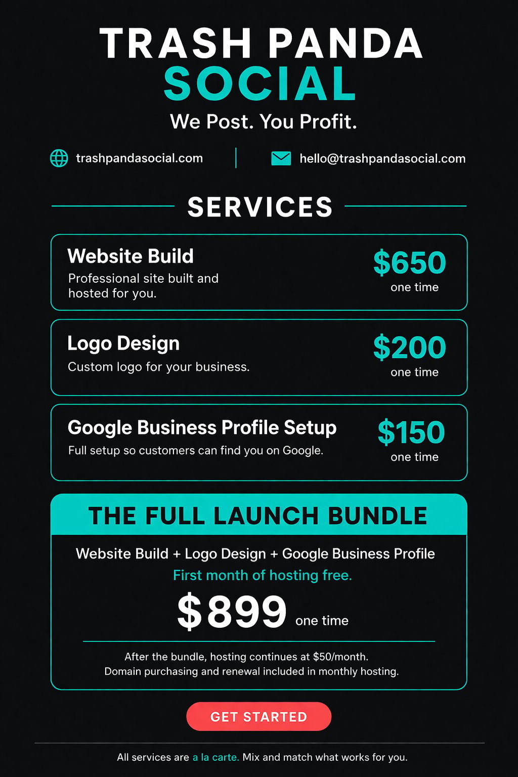 Trash Panda Social pricing page showing website build, logo design, and Google Business Profile services, with a $899 launch bundle option