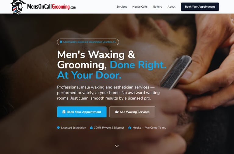 MensOnCall Grooming website homepage showing male grooming services with man using electric trimmer