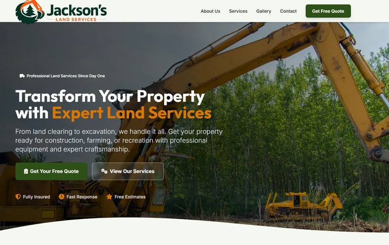 Jacksons land services website banner showing heavy excavation equipment on a construction site with forest in background