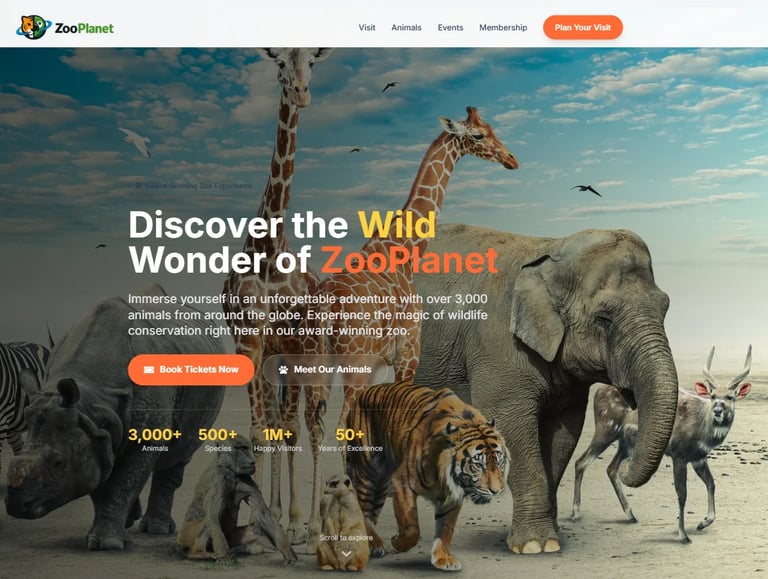 ZooPlanet website homepage featuring multiple wild animals including giraffe, elephant, tiger, and antelope with headline Discover the Wild Wonder of ZooPlanet