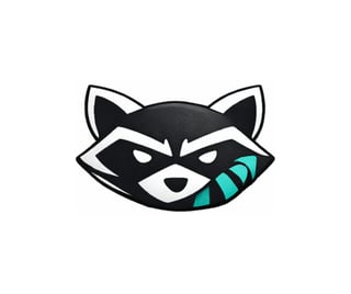 Cartoon raccoon head logo with black mask, white face markings, and teal striped tail