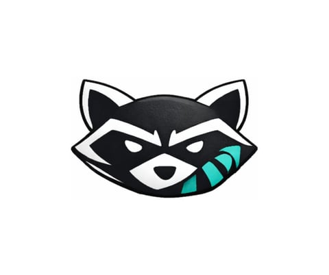 Cartoon raccoon head logo with black mask, white face markings, and teal striped tail